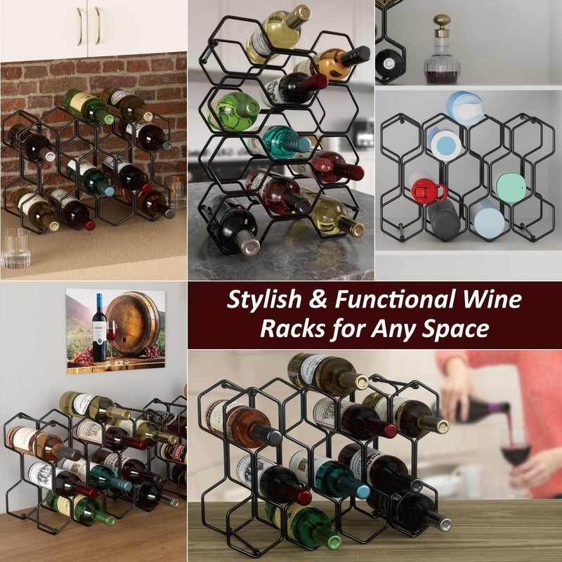Buruis Countertop Wine Rack, 14-Bottle Modern Freestanding Metal Holder for Red and White Wine, Tabletop, Kitchen, Bar, and Cabinet Storage (Black) - Image 2